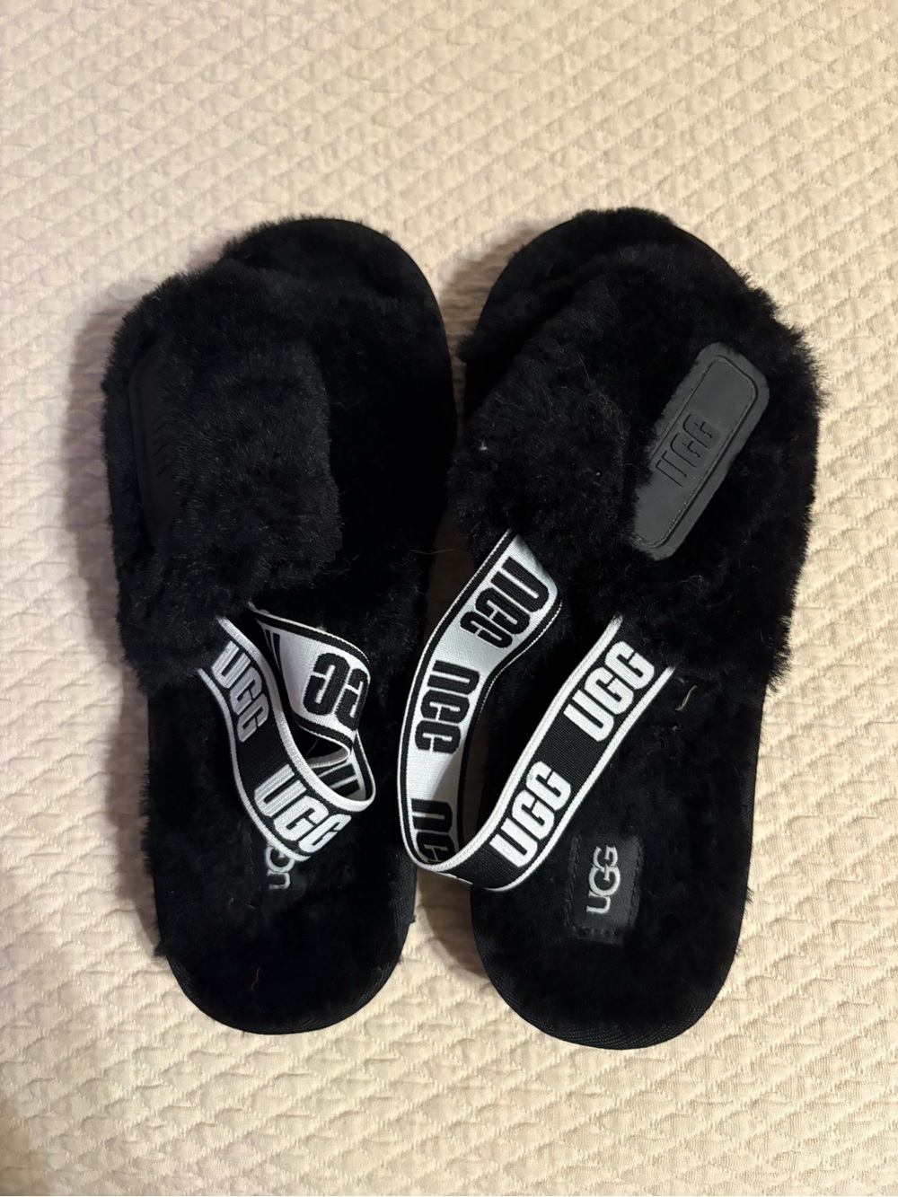 UGG Fluff Yeah Black Fuzzy Slingback Slippers Sandals Women’s Size 5